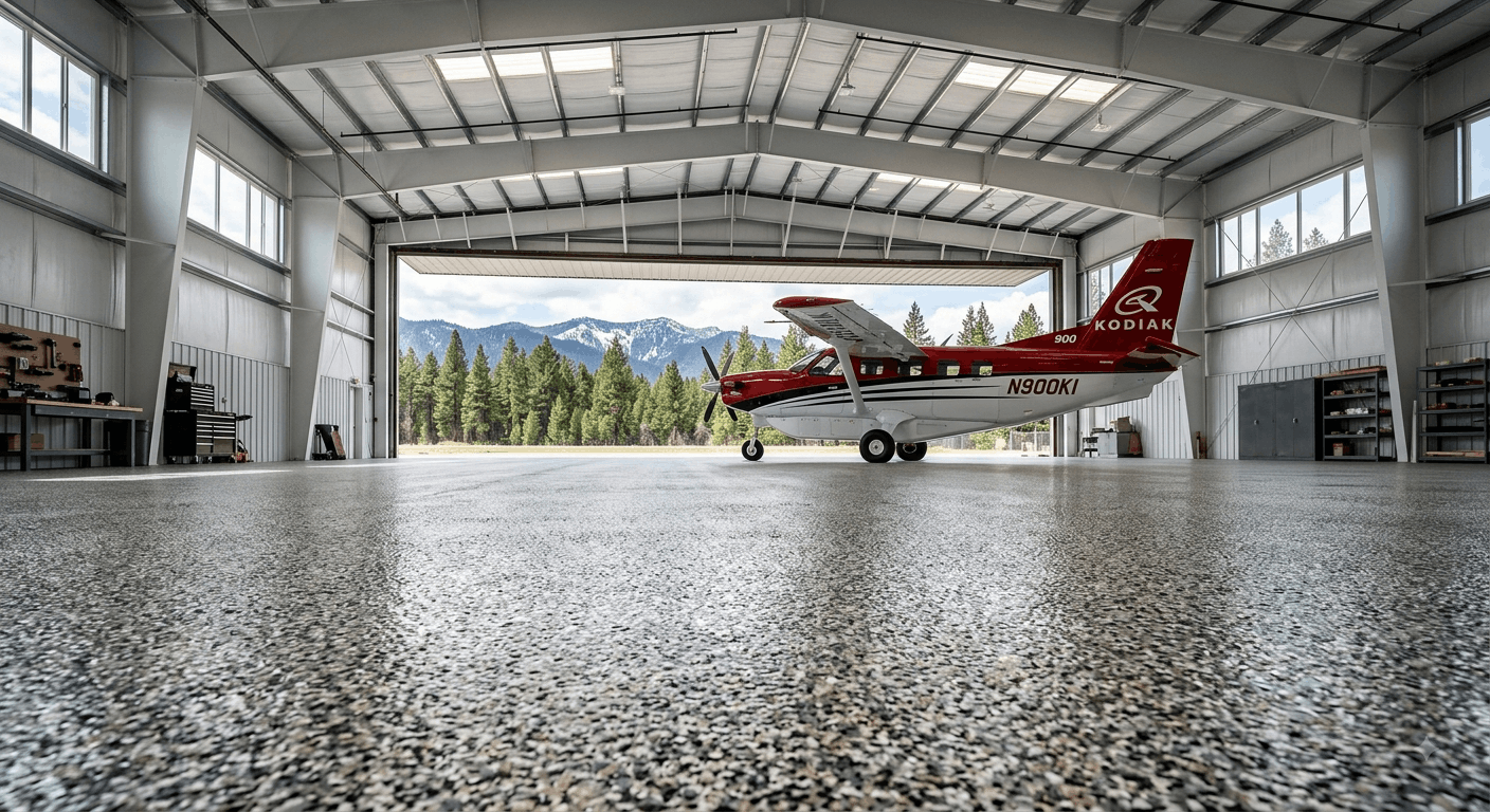 Turboprop on completed gray flake hangar floor coatings spanning a steel hangar bay