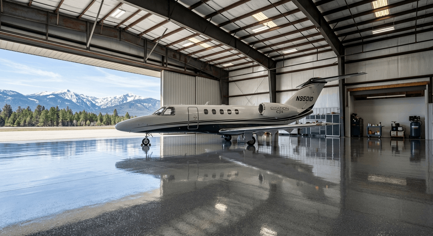 Business jet on solid gray hangar floor coatings with the door open to the ramp