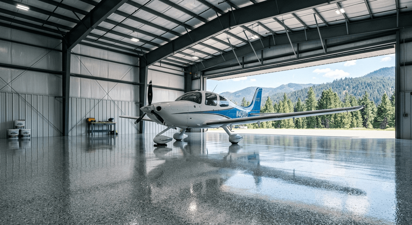 Light gray flake polyaspartic hangar floor coatings with coating pails staged along the wall